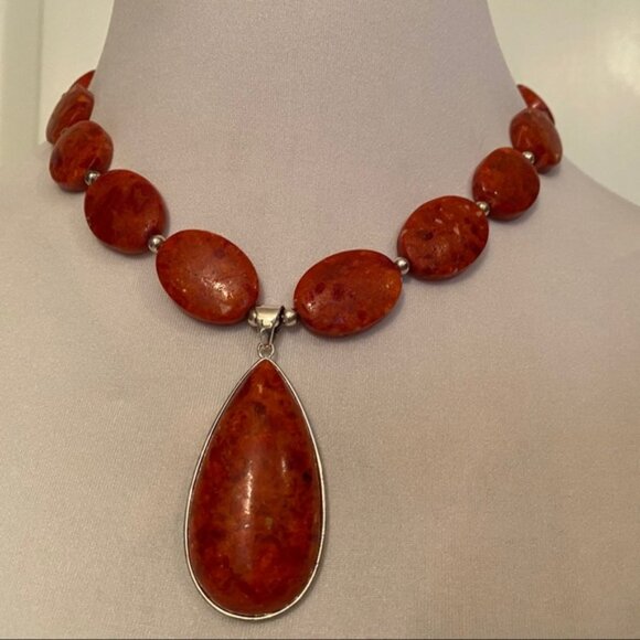 LUCAS LAMETH NECKLACE RED STONE CORAL 925 STERLING SILVER 18” SIGNED - Picture 2 of 7
